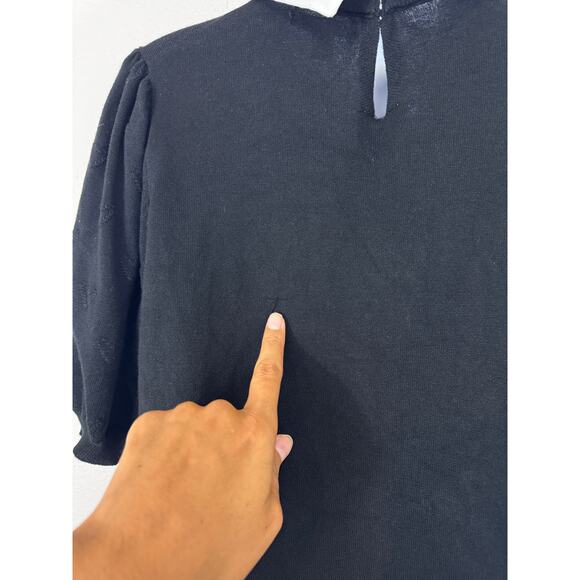 Cable & Gauge Black Knit Puff Sleeve Top with White Collar - Medium - Picture 5 of 7